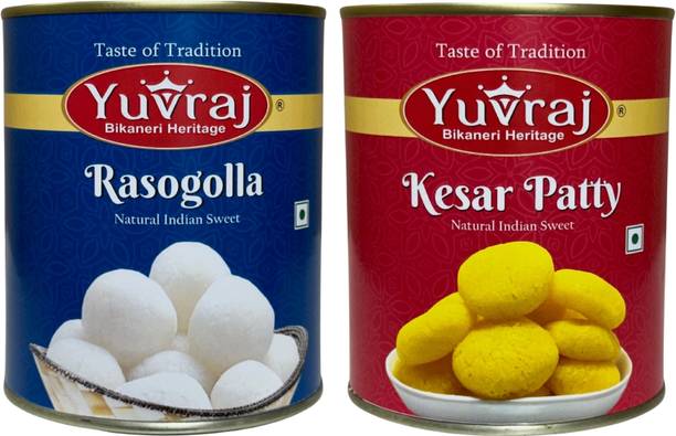 Yuvraj Food Product Rasogolla & kesar Patty sweets combo 1 kg x 2 tin Can