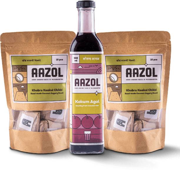 Aazol Chikki Soft Coconut Jaggery pack of 2 and Kokum Agal 500ml combo Pouch