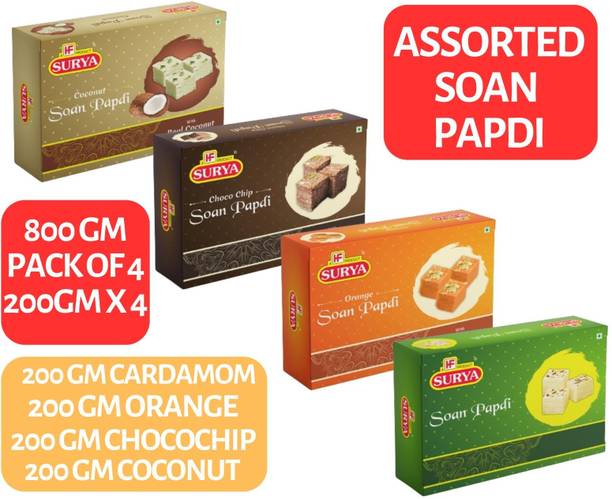 Surya 800g Assorted Soan Papdi (Elaichi, Orange, Choco Chip, Coconut)|200g X 4| Box