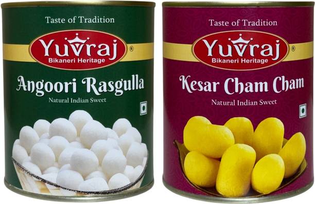 Yuvraj Food Product Angoori Rasgulla & Gulab jamun sweets combo 1 kg x 2 tin Can