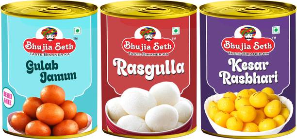 BHUJIYA SETH desi ghee Gulab Jamun,Rasogolla &Kesar Rasbhari combo pack (1 kg x 3 ) pack Can