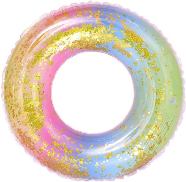 SYGA Sparkling Glitter Rainbow Inflatable Swim Ring – Colorful and Durable PVC Pool Float with Gold Confetti for Kids, Perfect for Pool Parties, Suitable for Kids Ages 5-9 Years Swim Floatation Belt