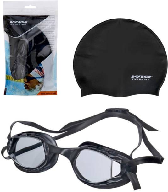 VIVA SWIMMING Swim Essentials Set Goggles + Silicone Cap Combo with PVC Bag For Junior Swimming Cap