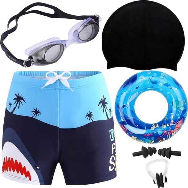 Boys 1 Swimming Short, 1 Anti Fog Goggle, Swim Ring, Cap, 1 NoseClip & 2 EarPlug Printed Boys Swim-dress Black Swimsuit