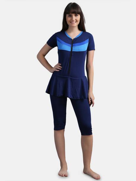 Kamz Women Lycra Knee Length Frock Style Padded One Piece Swimsuits Striped Women Swim-dress Dark Blue Swimsuit