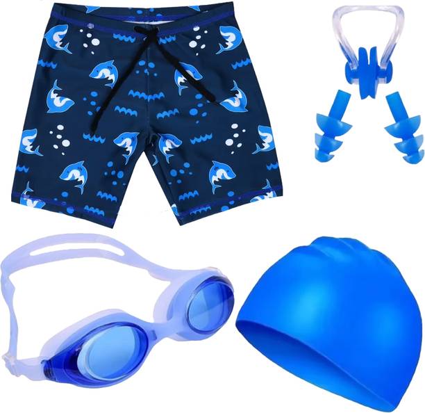 Swimming Goggles Cap Combo With Swimming Costume For boys Solid Boys Swim-dress Multicolor Swimsuit