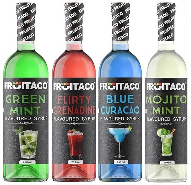 fruitaco Blue Curacao, Grenadine, Green Mint & Mojito Mint Syrup Flavor Pack of 4 1000ml 250 ML Each