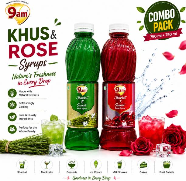 9am Sharbat E Jannat Combo Pack of 2 (Rose 750ml+ Khus 750ml) Rose, Khus