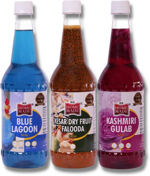 RK HOME MADE NATURAL SYRUP Blue Lagoon, Kesar Dry Fruit Falooda & Kashmiri Gulab | 3 x 750ml Citrusy tropical refreshing drink, soothing, Rich with saffron,