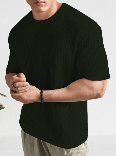 Madfrog Men Solid Round Neck Polyester Black T-Shirt