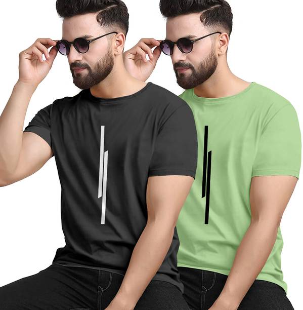 KAJARU Pack of 2 Men Striped Round Neck Polyester Green, Black T-