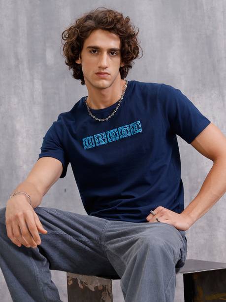 Men Printed Crew Neck Pure Cotton Navy Blue T-Shirt