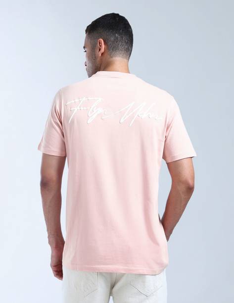 Men Graphic Print Round Neck Pure Cotton Pink T-Shirt