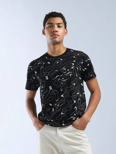 Men Abstract Crew Neck Pure Cotton Black T-Shirt