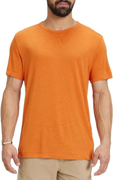 Men Solid Round Neck Linen Blend Orange T-Shirt