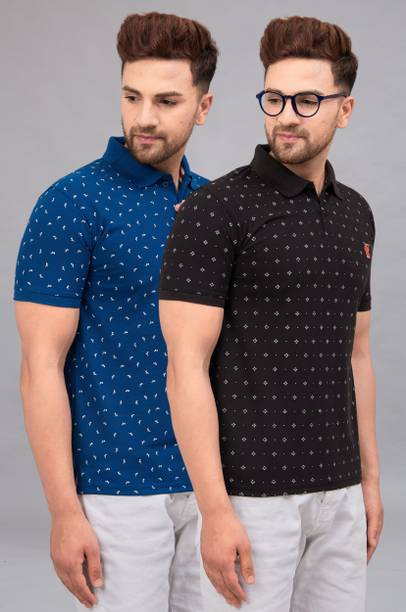 We Perfect Pack of 2 Men Printed Polo Neck Cotton Blend Blue, Blac...