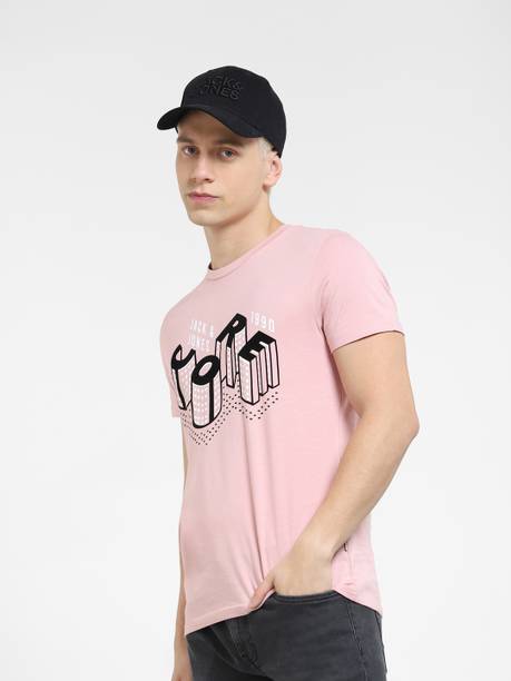 Men Printed Round Neck Cotton Blend Pink T-Shirt