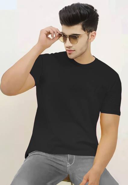 Men Solid Round Neck Cotton Blend Black T-Shirt Price in India