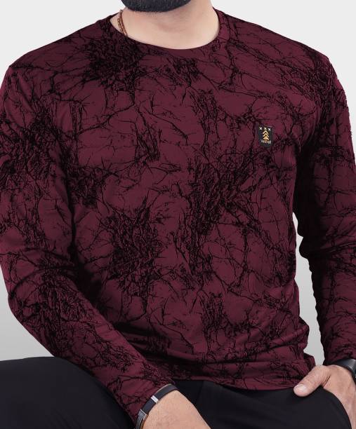 Men Printed Round Neck Poly Cotton Maroon T-Shirt Price in India