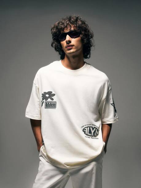 Men Graphic Print Round Neck Pure Cotton White T-Shirt