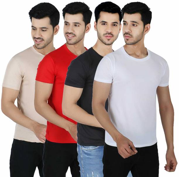 Pack of 4 Men Solid Round Neck Polyester Multicolor T-Shirt
