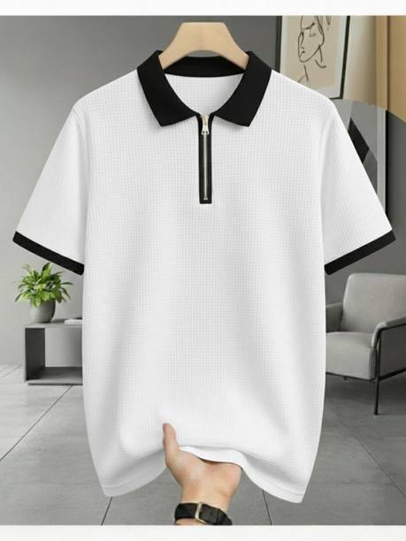 Men Solid Zip Neck Cotton Blend White, Multicolor T-Shirt