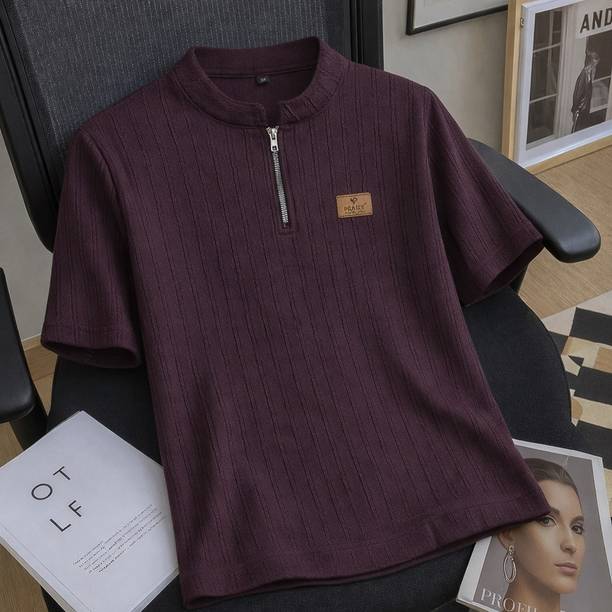 Solid Men Mandarin Collar Cotton Blend Purple T-Shirt