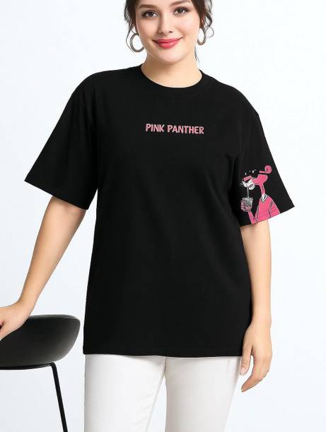 Women Cartoon, Graphic Print, Animal Print Round Neck Cotton Blend Black T-Shirt