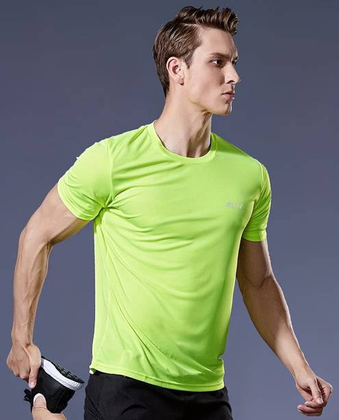 Men Solid, Typography Round Neck Polyester Green T-Shirt