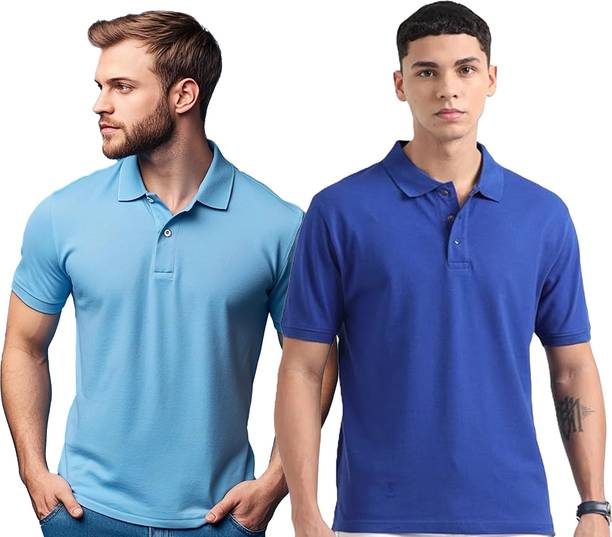 Pack of 2 Men Solid Polo Neck Cotton Blend Light Blue, Blue T-Shirt