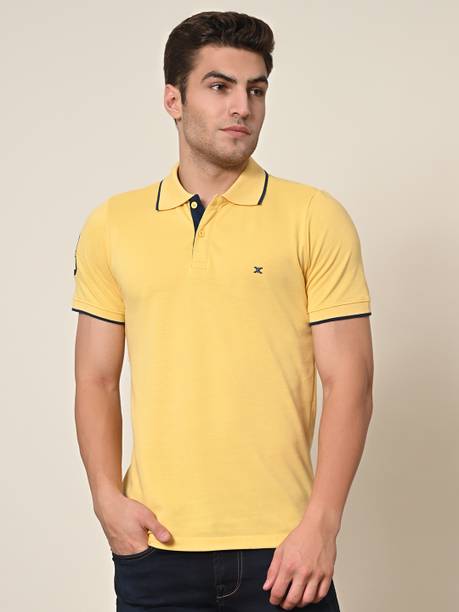 Men Solid Polo Neck Cotton Blend Yellow T-Shirt