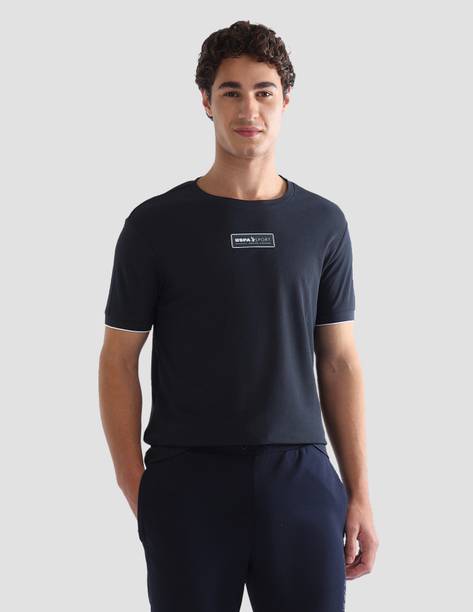 Men Printed Crew Neck Polyester Blue T-Shirt