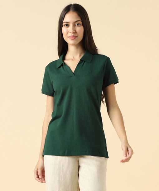 Women Solid Polo Neck Cotton Blend Green T-Shirt