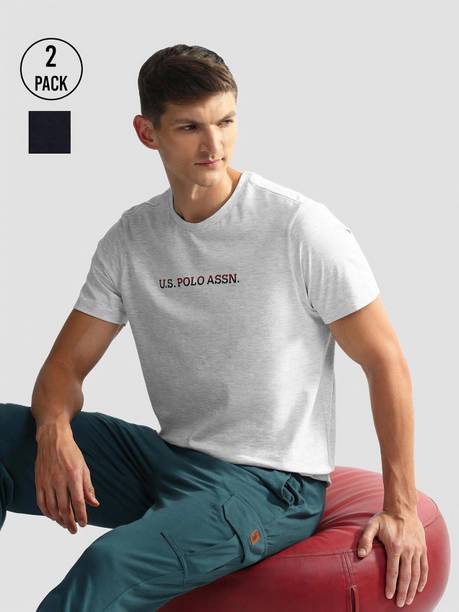 Pack of 2 Men Typography Crew Neck Cotton Blend Grey T-Shirt