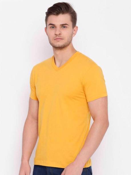 Men Solid V Neck Cotton Blend Yellow T-Shirt