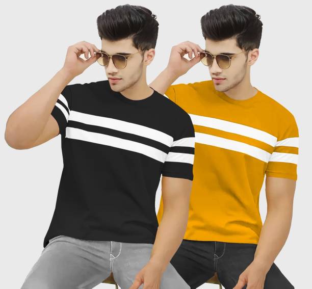 Pack of 2 Men Colorblock Round Neck Cotton Blend Multicolor T-Shirt Price in India