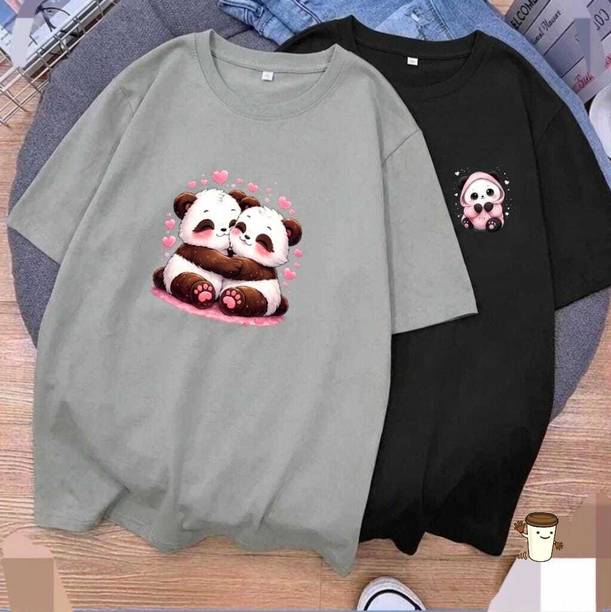Women Graphic Print Round Neck Cotton Blend Grey, Black T-Shirt