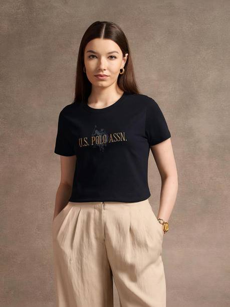 Women Printed Crew Neck Pure Cotton Black T-Shirt