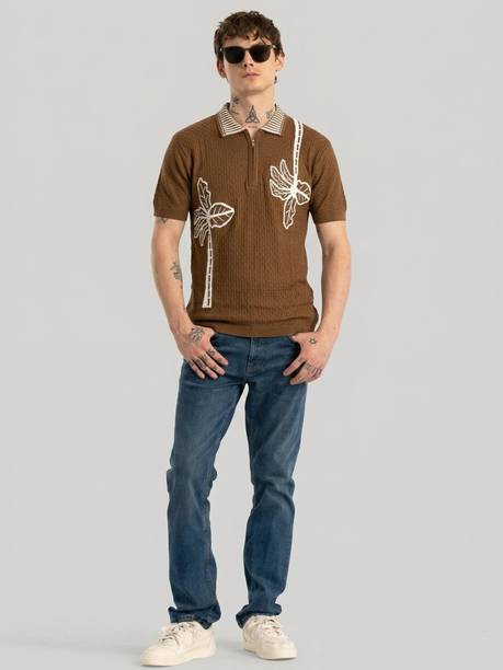 Men Self Design Zip Neck Pure Cotton Brown T-Shirt