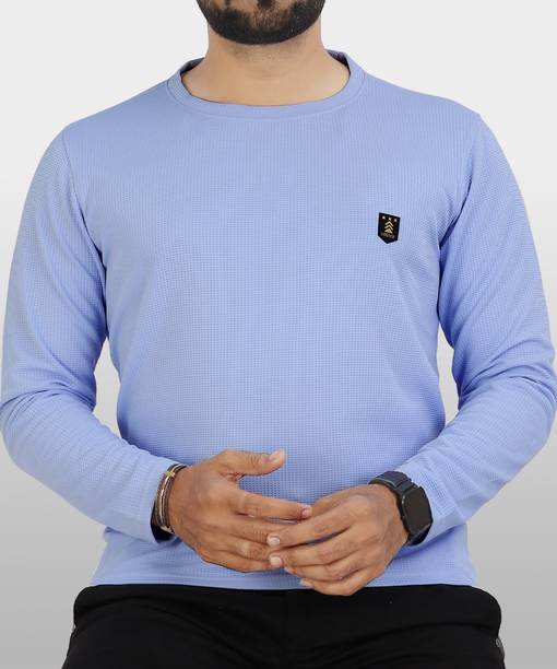 VeBNoR Men Self Design Round Neck Polyester Light Blue T-Shirt
