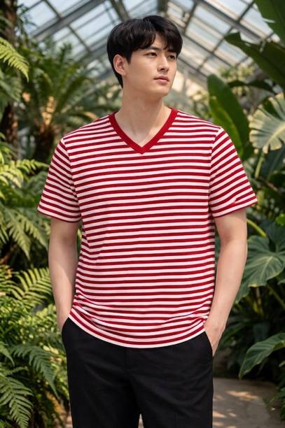 Men Striped V Neck Cotton Blend Red T-Shirt