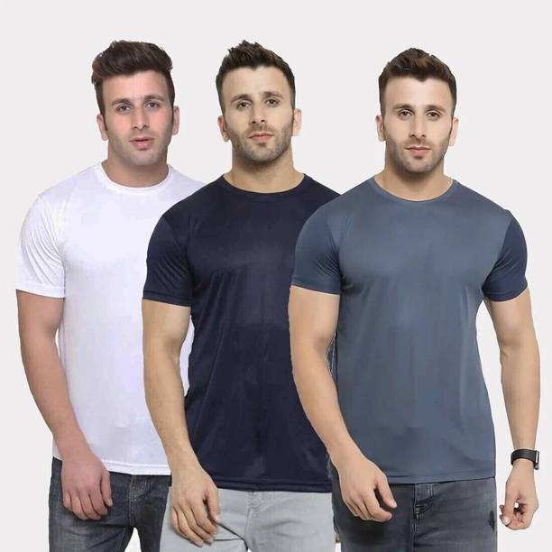 Pack of 3 Men Solid Round Neck Polyester Dark Blue, White, Grey T-Shirt