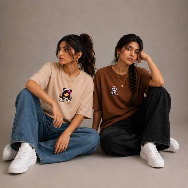 Pack of 2 Women Graphic Print Round Neck Cotton Blend Beige, Brown T-Shirt