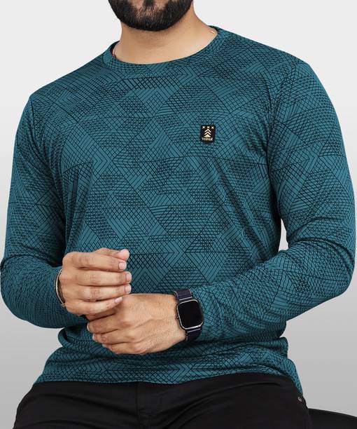 VeBNoR Men Abstract Round Neck Polycotton Blue T-Shirt