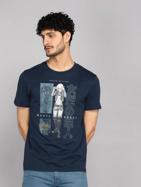 Men Printed Crew Neck Pure Cotton Blue T-Shirt