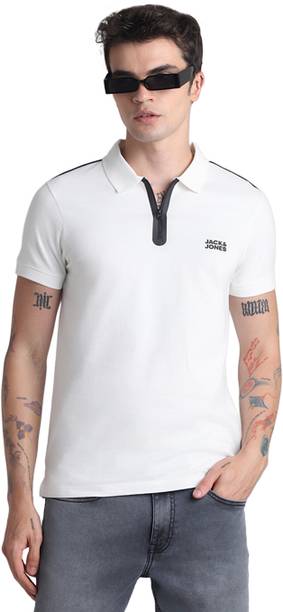 Men Solid Zip Neck Pure Cotton White T-Shirt