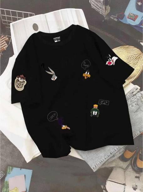 Men Cartoon Round Neck Pure Cotton Black T-Shirt
