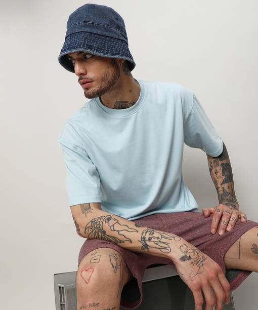 CAHOOT Men Solid Round Neck Pure Cotton Blue T-Shirt