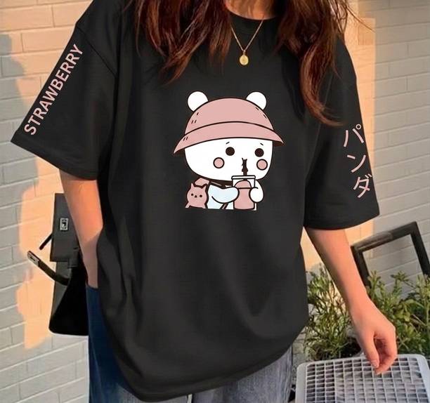 Women Typography, Cartoon Round Neck Cotton Blend Black T-Shirt