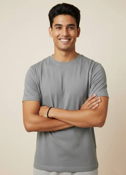 Men Self Design Round Neck Pure Cotton Grey T-Shirt